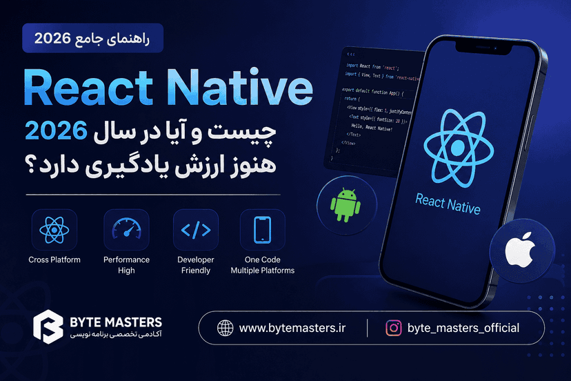 کاور مقاله React Native 2026 شامل لوگوی React Native، گوشی موبایل و عنوان آیا React Native در سال 2026 هنوز ارزش یادگیری دارد به همراه برند بایت مسترز